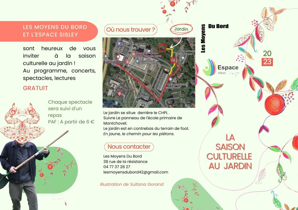 Pages extérieures brochure de la saison culturelle des moyens du bord au jardin de l'espace Sisley de 2022